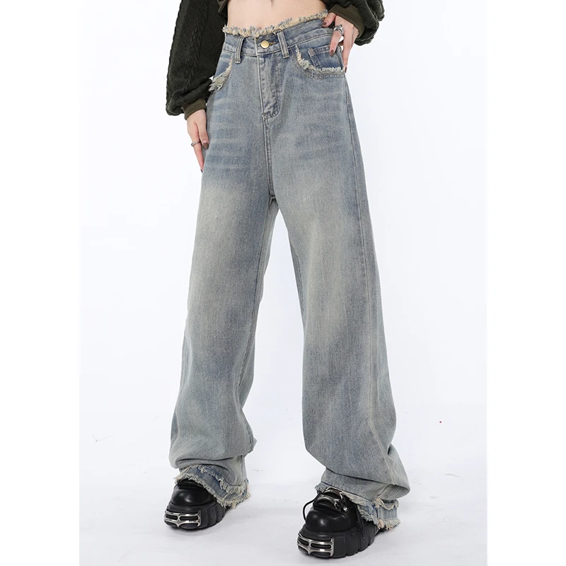 

Vintage Light Blue High Waist Women Jeans American Fashion Streetwear Wide Leg Jean Female Denim Trouser Straight Baggy Pants