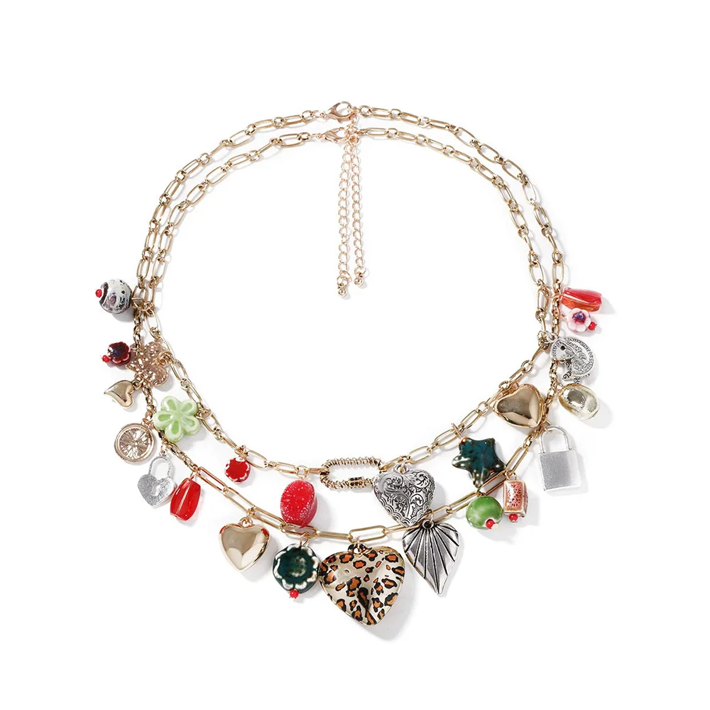 Bohemia Trend Vintage Necklace Vacation Chic Double Layered Alloy Multiple Pendant Necklace Beach Party Jewelry Accessories