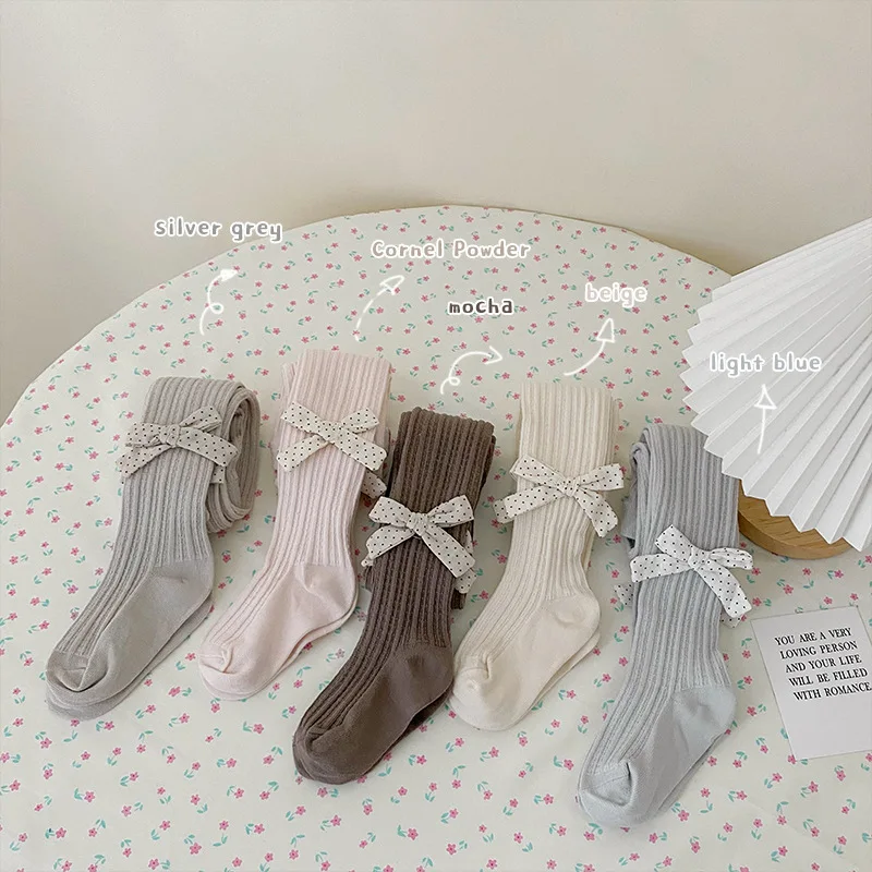 

2022 wave point bow leggings double needle girls pantyhose