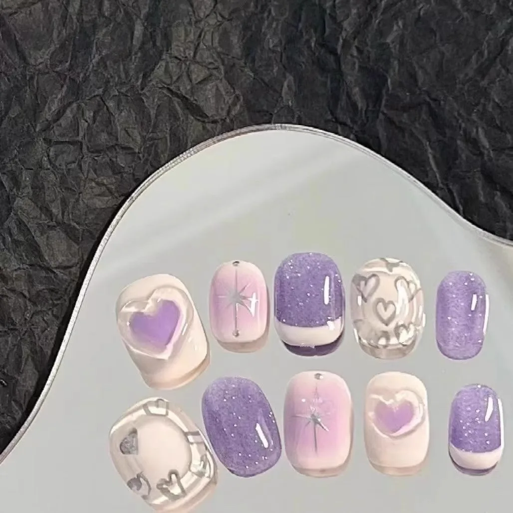 10 peças doce e bonito imprensa em unhas artesanal roxo fino glitter graffiti em forma de coração remendos de unhas falsas removíveis