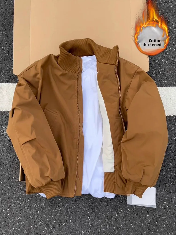 

Khaki Cotton Jaet for Men Winter Thiened Baseball Sle ort Coat Warm Casual Outerwear Polyester Fiber Long Sve