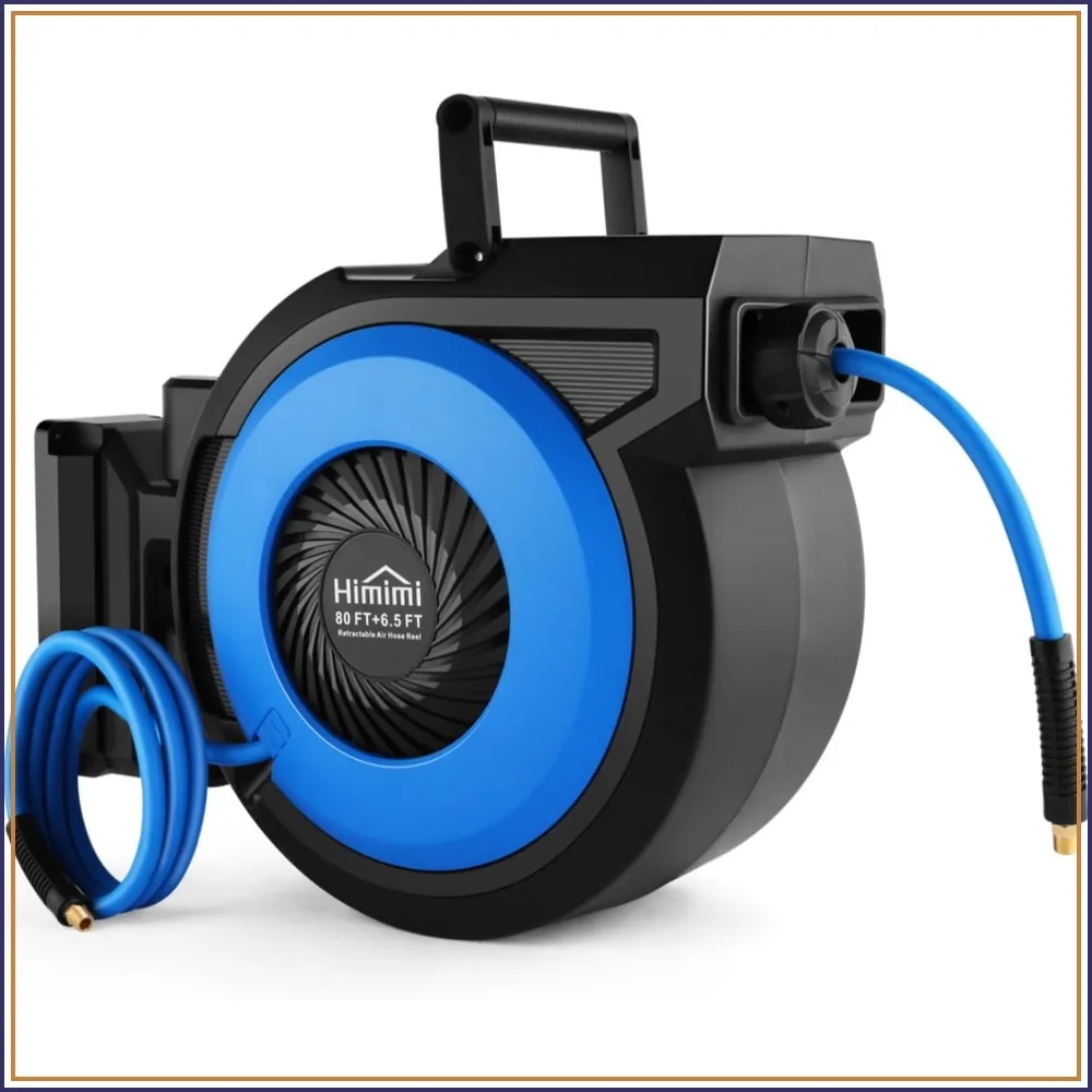 

80FT+6.5FT Retractable Air Hose Reel, Wall Mount, Auto Rewind, 3/8" x 80' Hybrid Hose, Brass Fittings, 300PSI