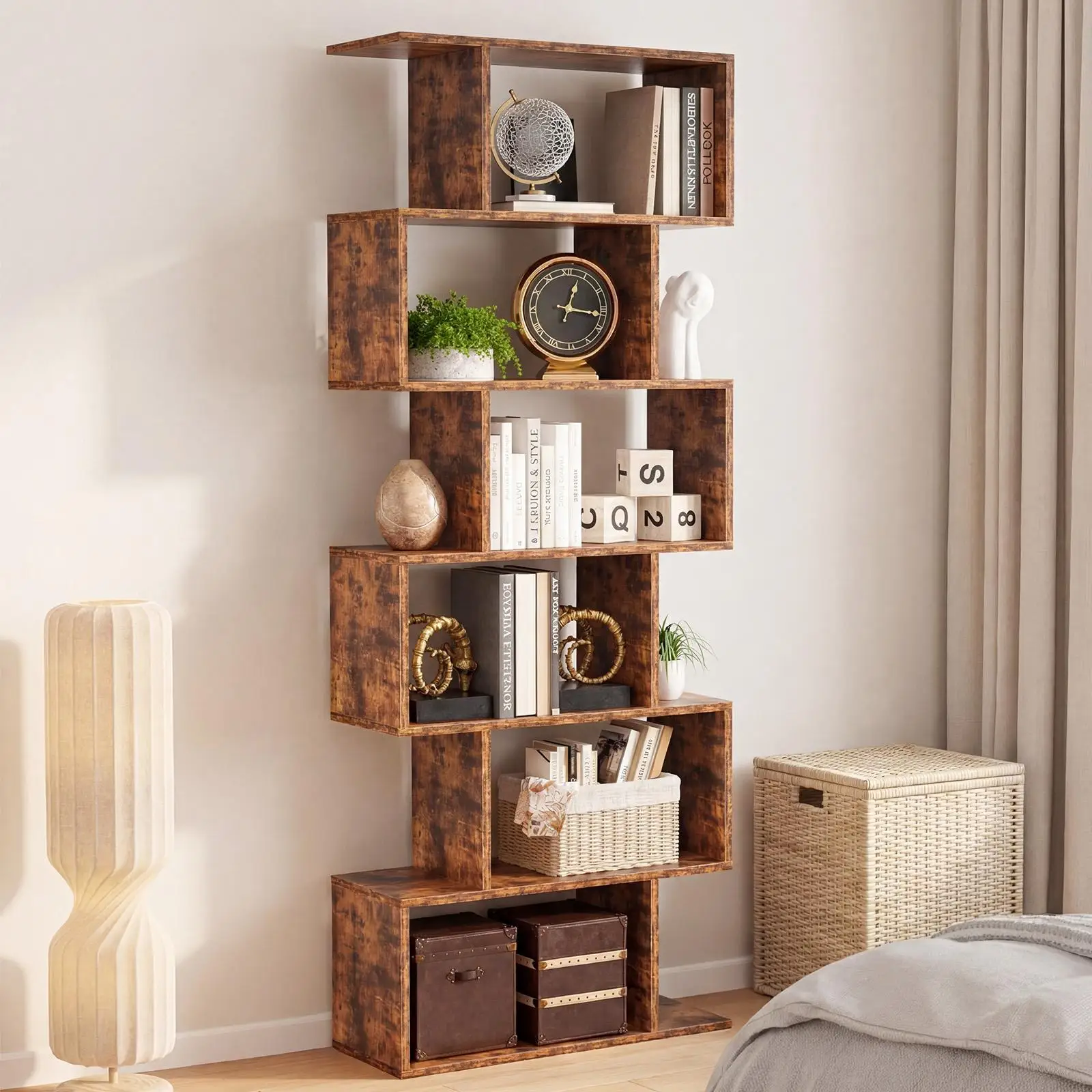 Modern 5-Tier S-Shaped Bookshelf Tall Geometric Floating Display Shelf Freestanding Storage Organizer Rack Room Divider for Living Room Home Office Furniture White 62 Inch