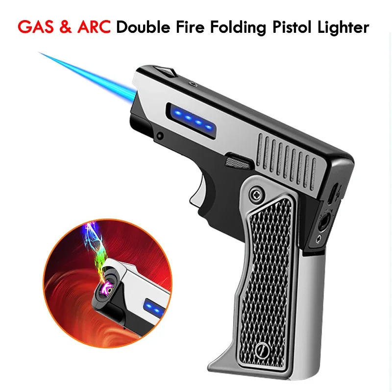 

1PCS Mini Creative Folding Double Flame Pistol Lighter Outdoor EDC Pneumatic Electric Dual Arc Wind proof Igniter (with Giftbox)