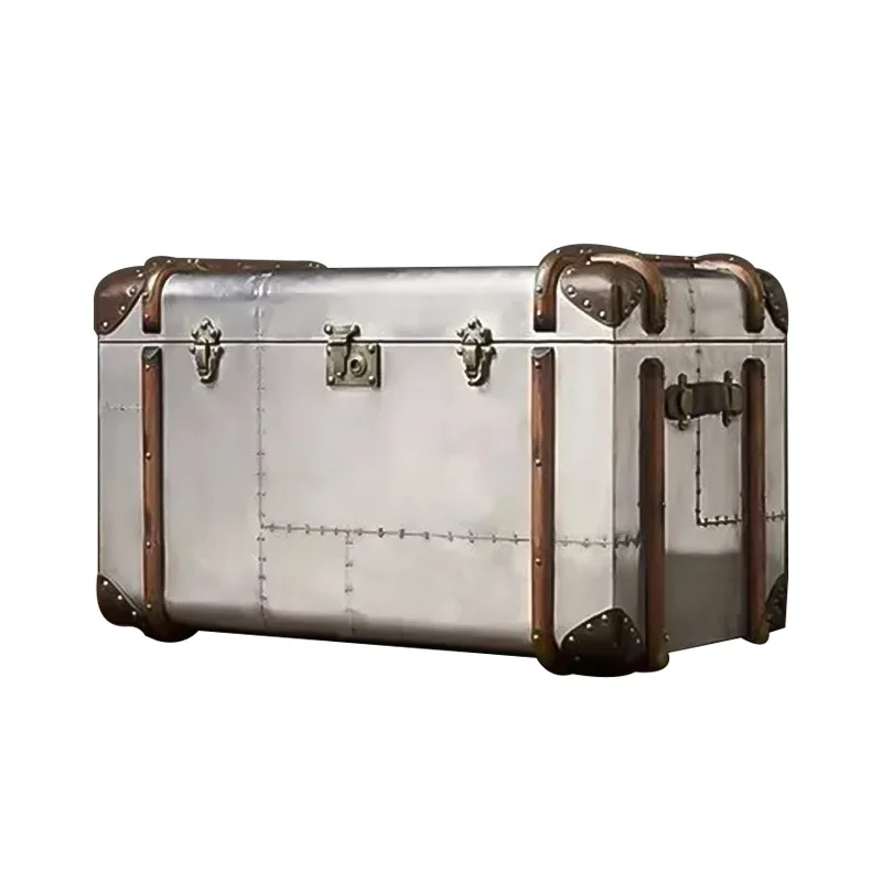 

American retro industrial style, aluminum leather coffee table coffee table storage, multi-functional living room back cabinet