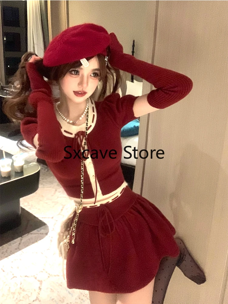 2023 Autumn Elegant 2 Piece Skirt Set Women Christmas Knitted Sweater Suits Party Slim Cardigan + Mini Skirt Japanese Kawaii Y2k