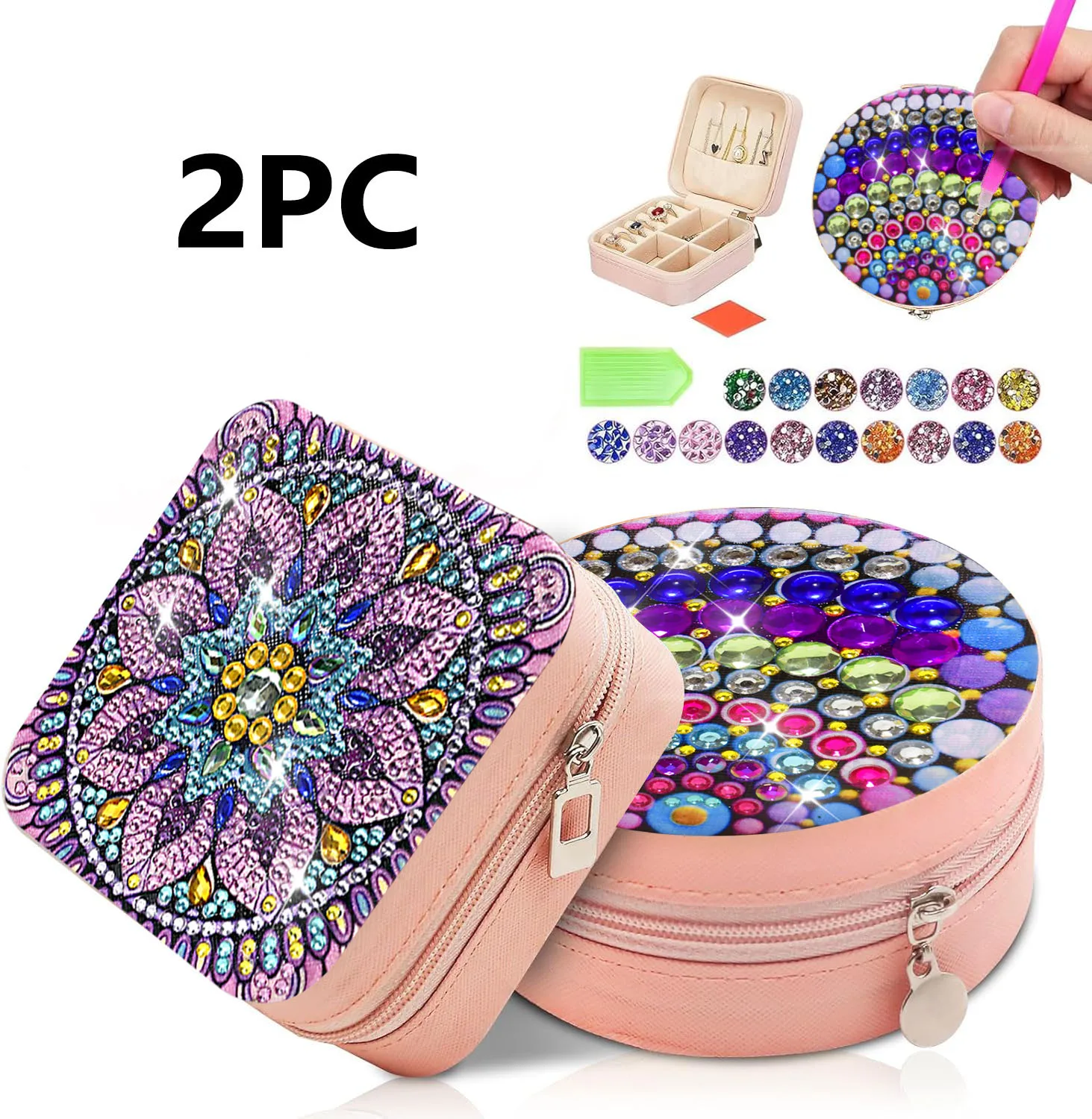 

2 DIY diamond art painting jewelry box sets, mini jewelry travel boxes made of mandala pattern canvas material