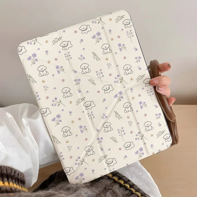 Dog Purple Flower 3+Y Multi-Angle Stand Cover for IPad Air 6 Case IPad 10th Gen Air 4/5th 10.9 Pro 11 2024 IPad 10.2 7th 9th 8th