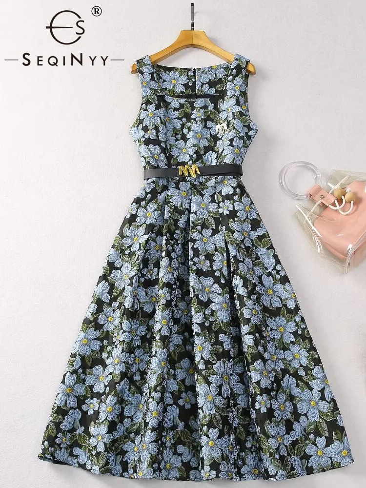 SEQINYY-Chaleco Jacquard Vintage para mujer, vestido Midi con flores azules, cinturón informal, pasarela, verano y primavera, nuevo diseño de moda