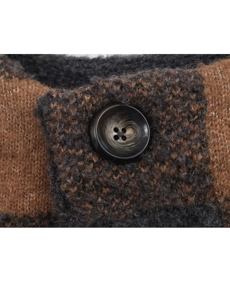 

HH Women Fashion Round Collar One Button Cardigans Chic Women Autumn Single Breasted Plaid Pockets Long Sleeve Knitted Coat