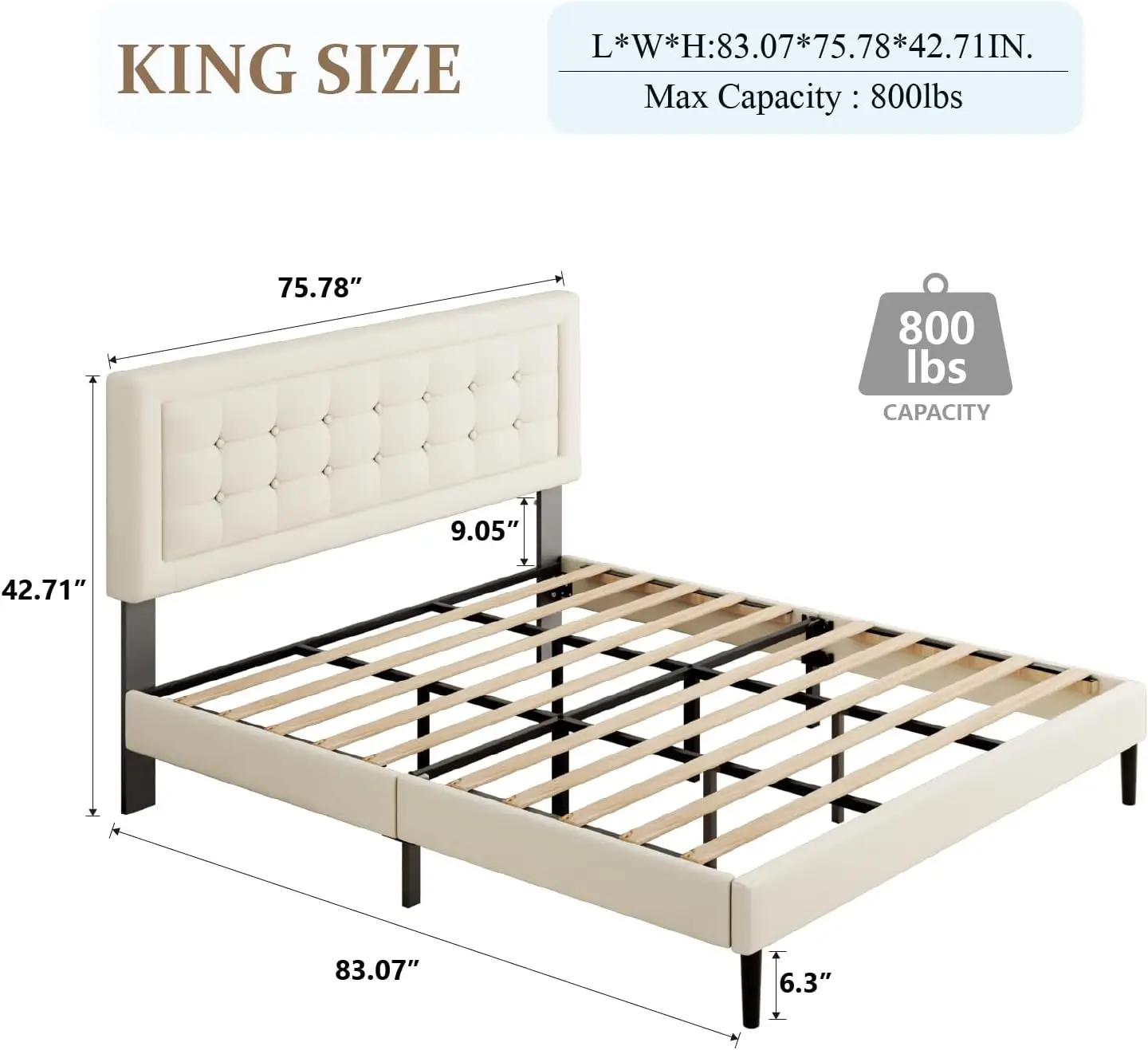 Kingsize Bedframe Met Hoofdeinde, Platform Bedframe Met Fluwelen Gestoffeerde Knop Getuft Hoofdeinde, Houten Lamellen Ondersteuning, Nee