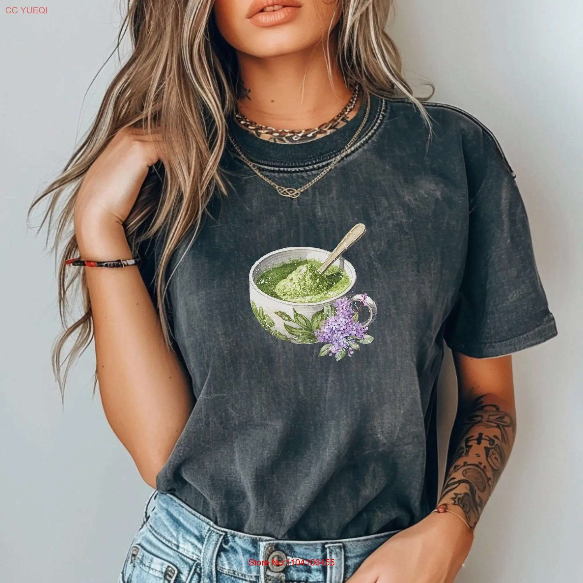 Matcha Green Tea Cup with Lavender Summer T Shirt Retro 90s Y2K latte arT clothing long or short sleeves