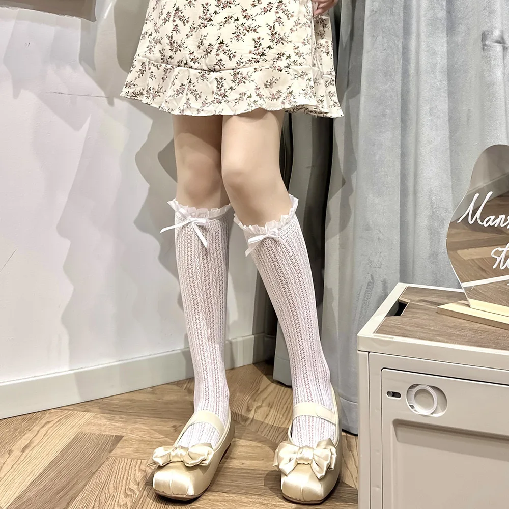 

Женские летние носки с кружевом и бантом в стиле Лолита, однотонные, средней длины, тонкие, повседневные, белые, милые, для девушек