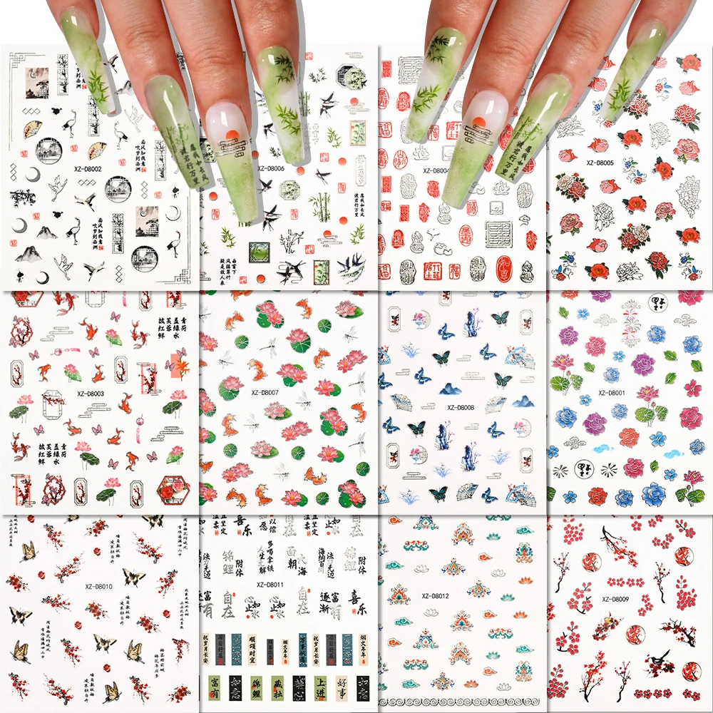 12 Uds. Calcomanías 3D Vintage de bambú/hoja/flor de ciruelo/Pez Koi para uñas, pegatinas de personajes chinos para decoración creativa de uñas