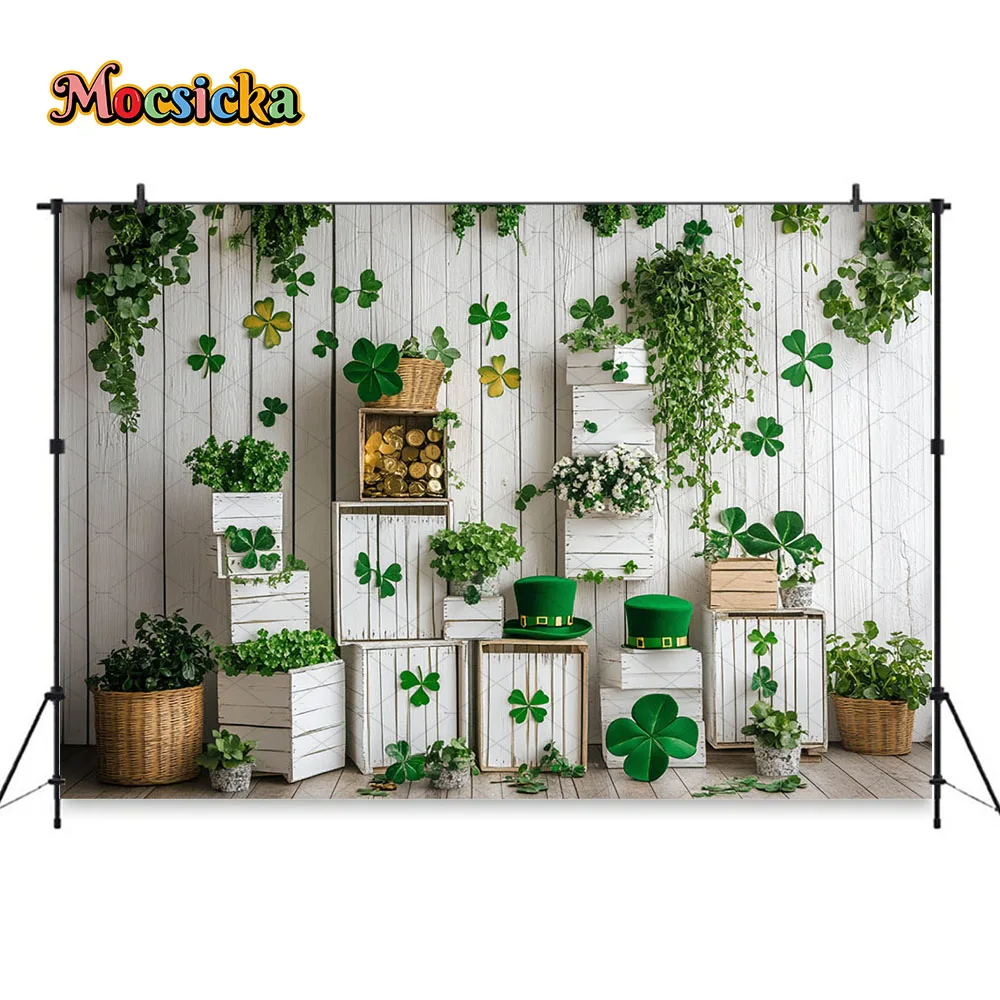Mocsicka St. Patrick's Day Photography Backdrop Clover White Wooden Box Background Kids 1st Birthday Cake Smash Photo Studio