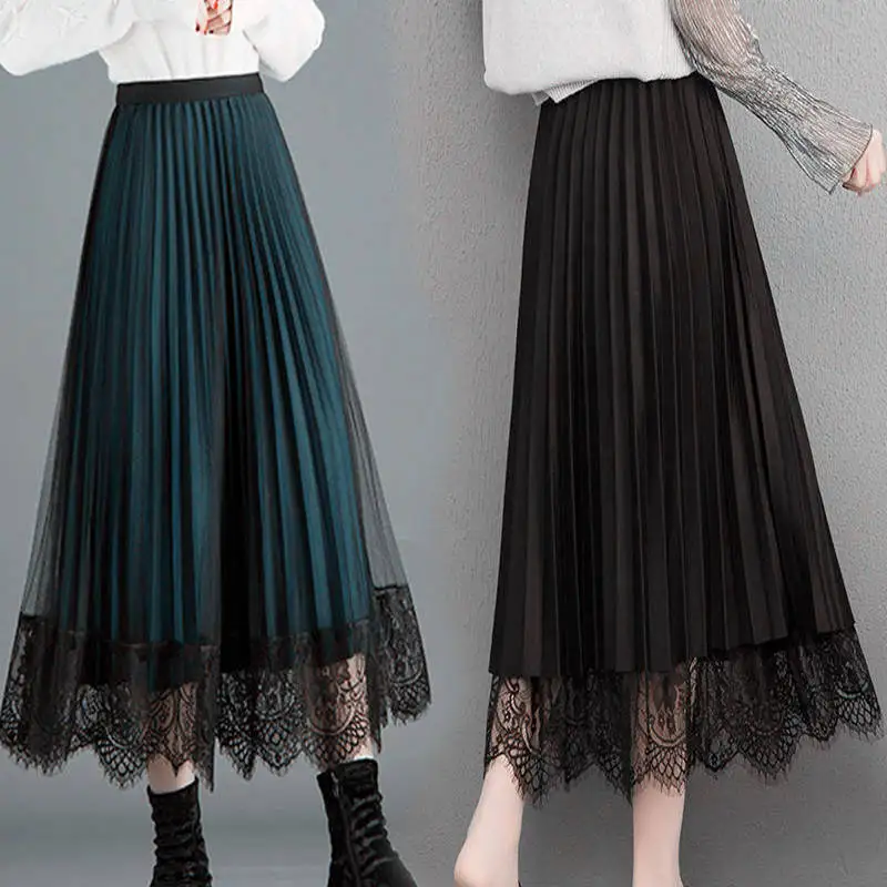 New Two-sided Wear High-waisted Lace Chiffon Skirt for Women with Pleated Skirts Half-length Base Dresses Slender and Slimming