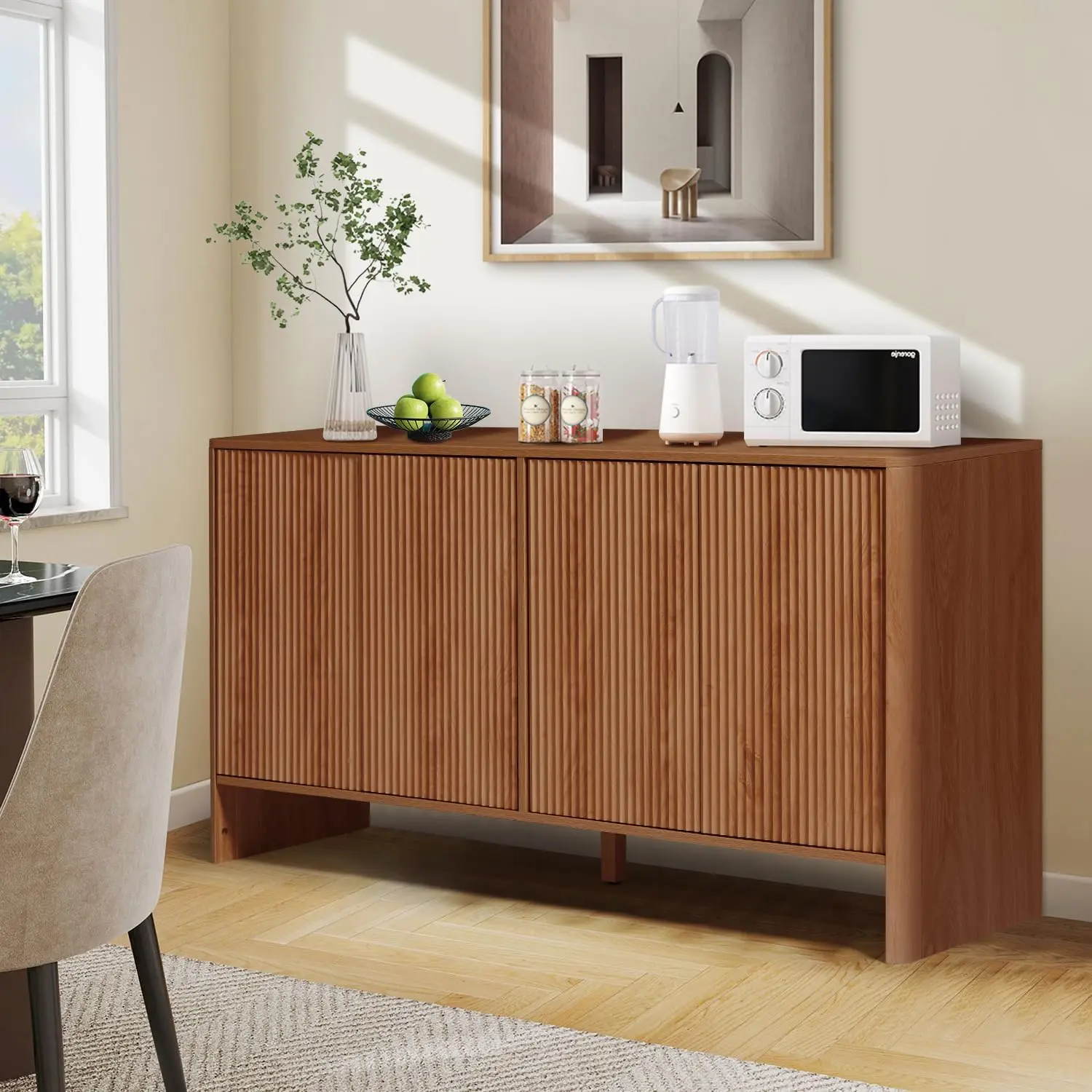 Fluted Sideboard Storage Cabinet with Doors and Shelves Buffet Cabinet with Storage Credenza Storage Cabinet Walnut