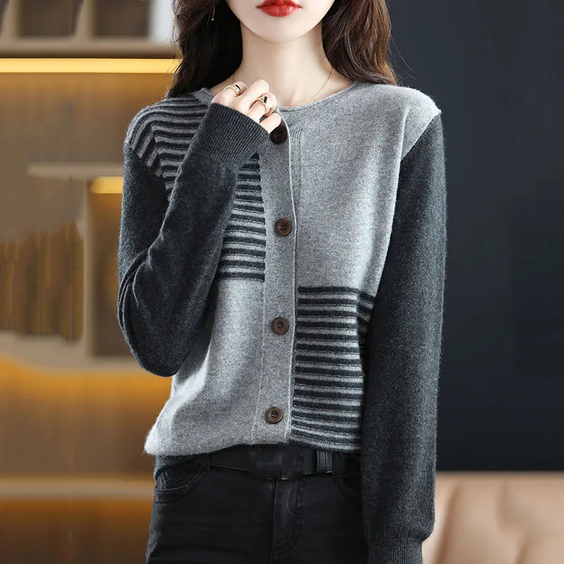 موضة الجولة الرقبة سترة سترة المرأة ربيع الخريف جديد اللون حجب سترة بأكمام طويلة الإناث الكورية بلوزات فضفاضة #2