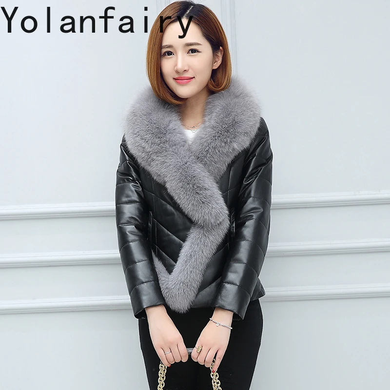 YOLANFAIRY معطف قطني من جلد الغنم الحقيقي للنساء لخريف وشتاء 2025 سترة من الجلد الطبيعي للسيدات بياقة من فرو الثعلب سترات دافئة قصيرة