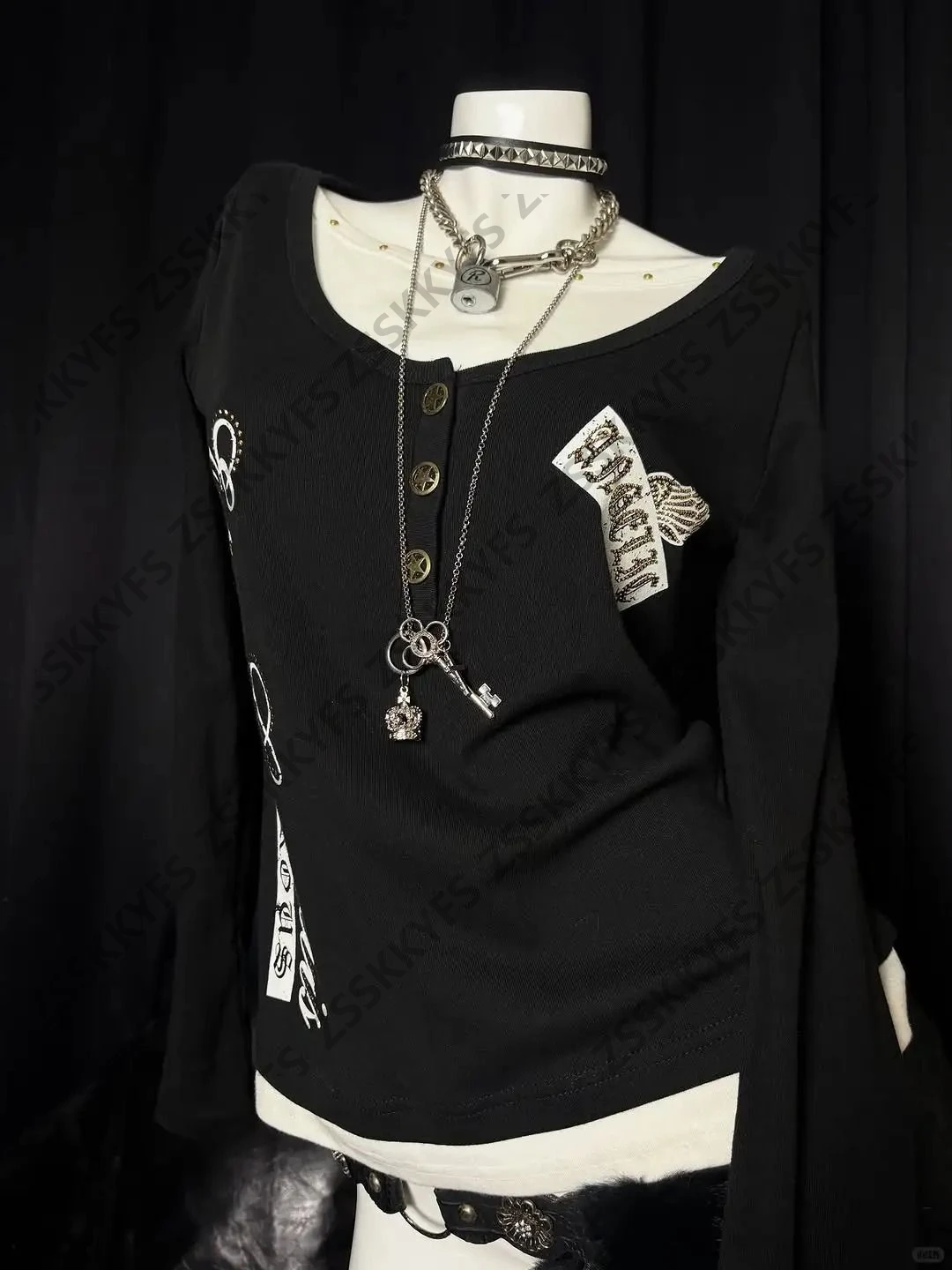 

Vintage T-shirt Long Sleeves Y2k Goth Punk Streetwear Button Hot Girl Autumn Grunge 90s Emo Slim Letter Print Tide Tees Harajuku