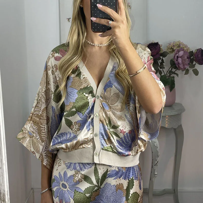 

Spring Fashion Floral Print Satin Two Piece Set Woman Sexy V Neck Button Top & Hips Skirt Outfit Autumn Half Sleeve Office Suits