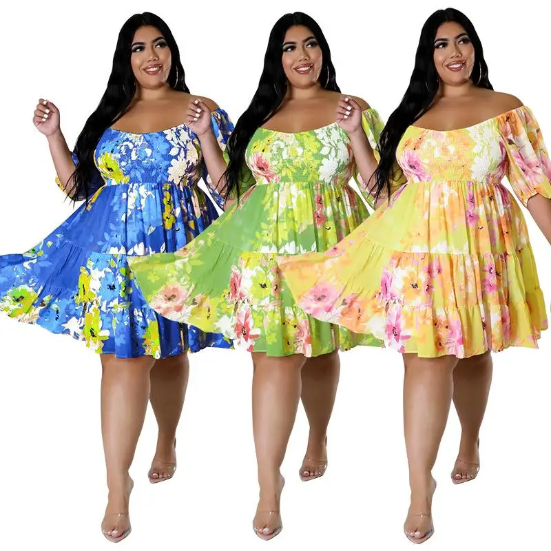 

Sexy One-oulder Floral Print Dr MY965 plus Size Women's Clothing New Summer Collection V-ne Bubble Sve Midi Dr