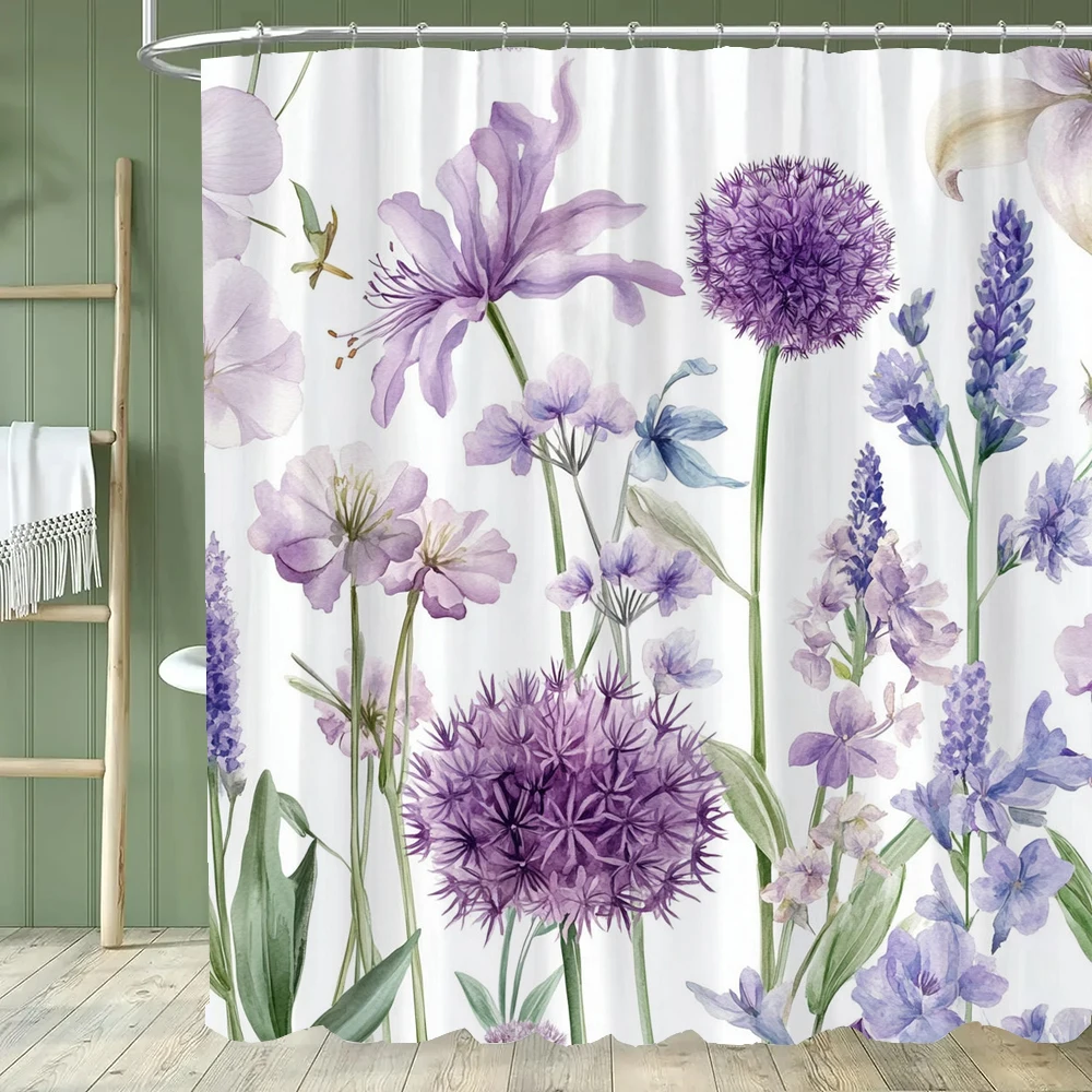 

1PC Purple Flowers Shower Curtain, Watercolor Floral and Plants Bathroom Decorative Curtain,Polyester Home Curtain with Hooks