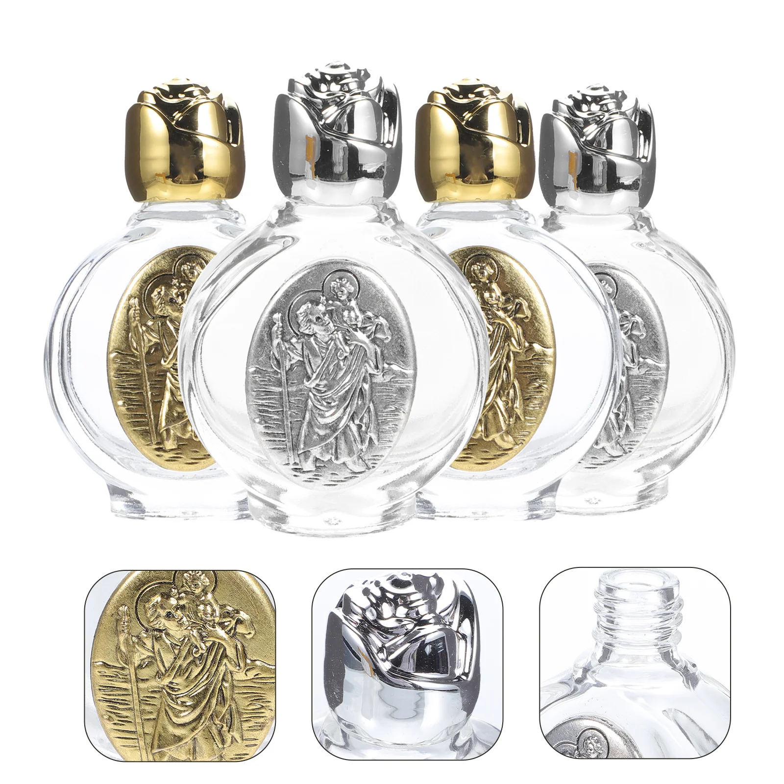 

4Pcs Holy Water Glass Bottles Mini Embossed Travel Safe Lid Refillable Water Container Church Baptism Wedding Party Favors