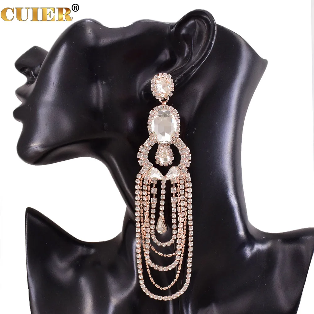 CUIER 12.5CM Crystal Tassel Earrings for Women Long Fringe Rhinestones Jewelry Bridal Gift