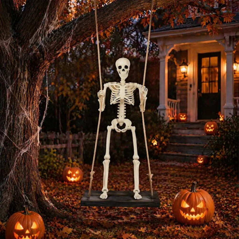 Durable Sunlight Resistant Prop Halloween Swinging Skeleton Decoration 35 Spooky Hanging Skeleton with Wooden Swing for Garden