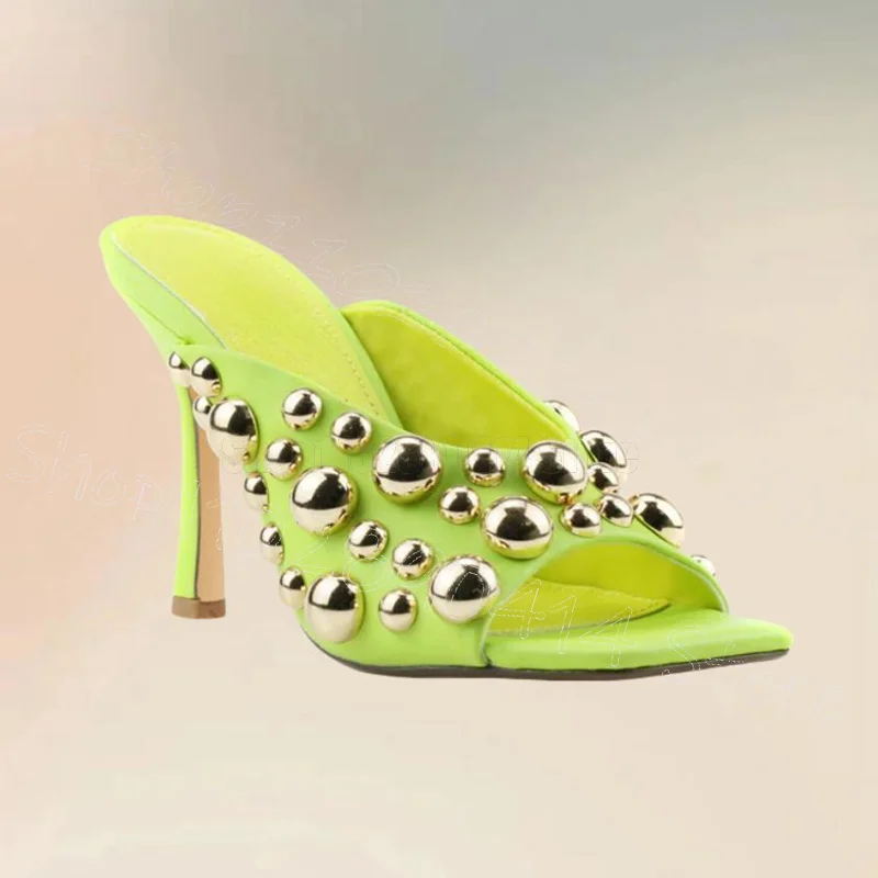 

Gold Round Rivets Fluorescent Green Open Toe Slippers Slip On Women Shoes Thin High Heels Party Banquet 2025 Zapatos Para Mujere