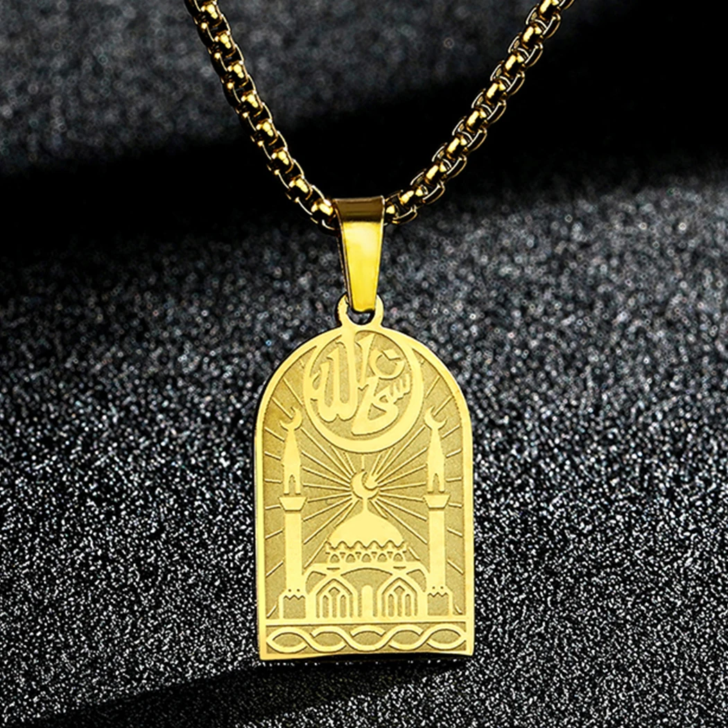 Religious Islamic Mosque Necklace for Men Women Stainless Steel Muslim Architecture Pendants Islamic Believer Jewelry Collar