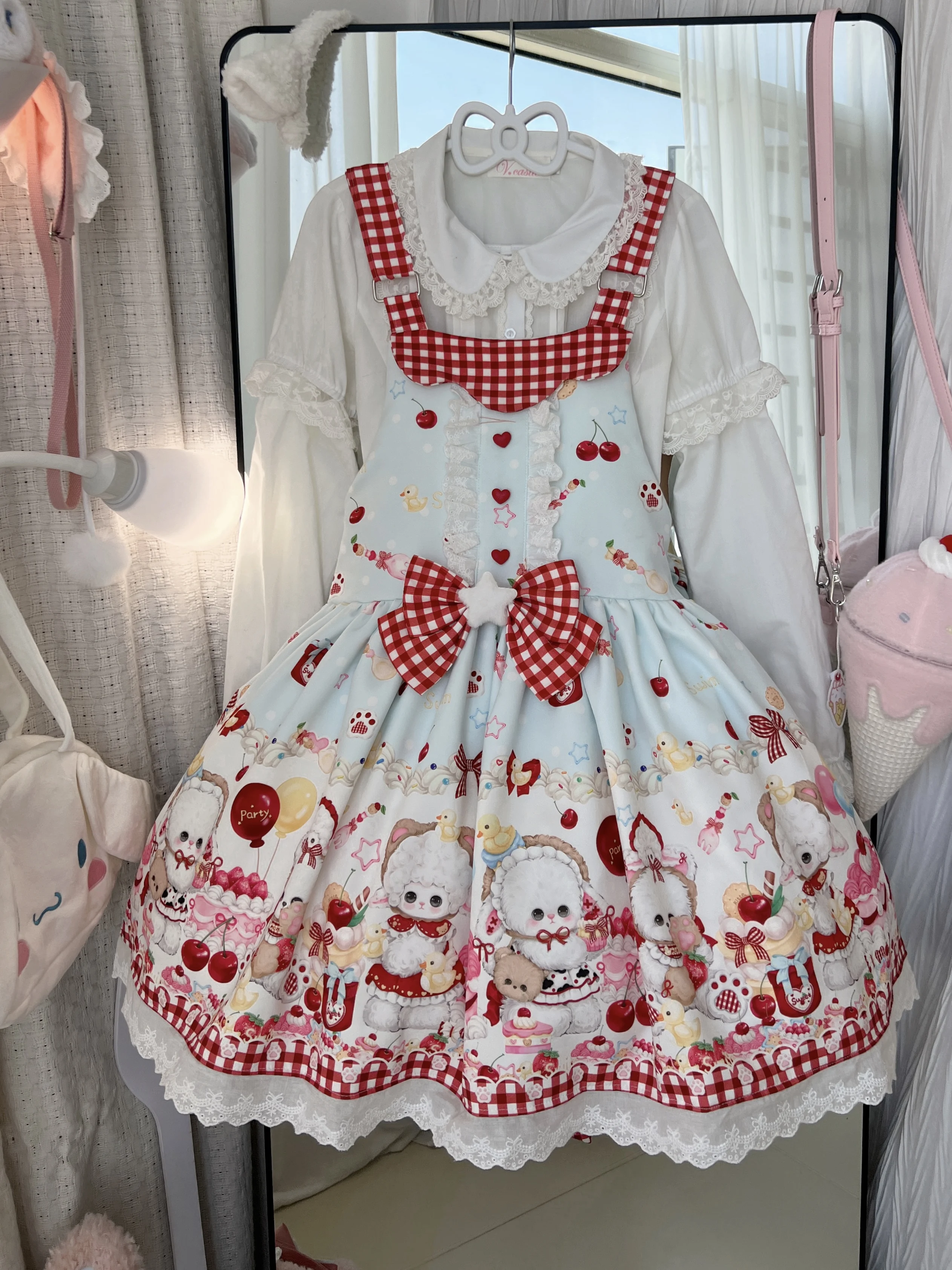 Lolita Oryginalna Autentyczna Urocza Sukienka JSK na Ramiączkach Damska Lolita Codzienna Uniwersalna Wiosenna Słodka Sukienka w Kratę na Lato