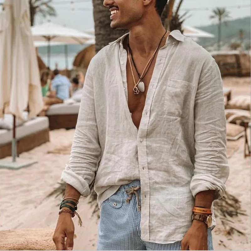 

202 Spring Summer Shirt Blouse Top Fashion Men's Solid Color Men Long Sleeves Button Shirt Lapel Cardigan
