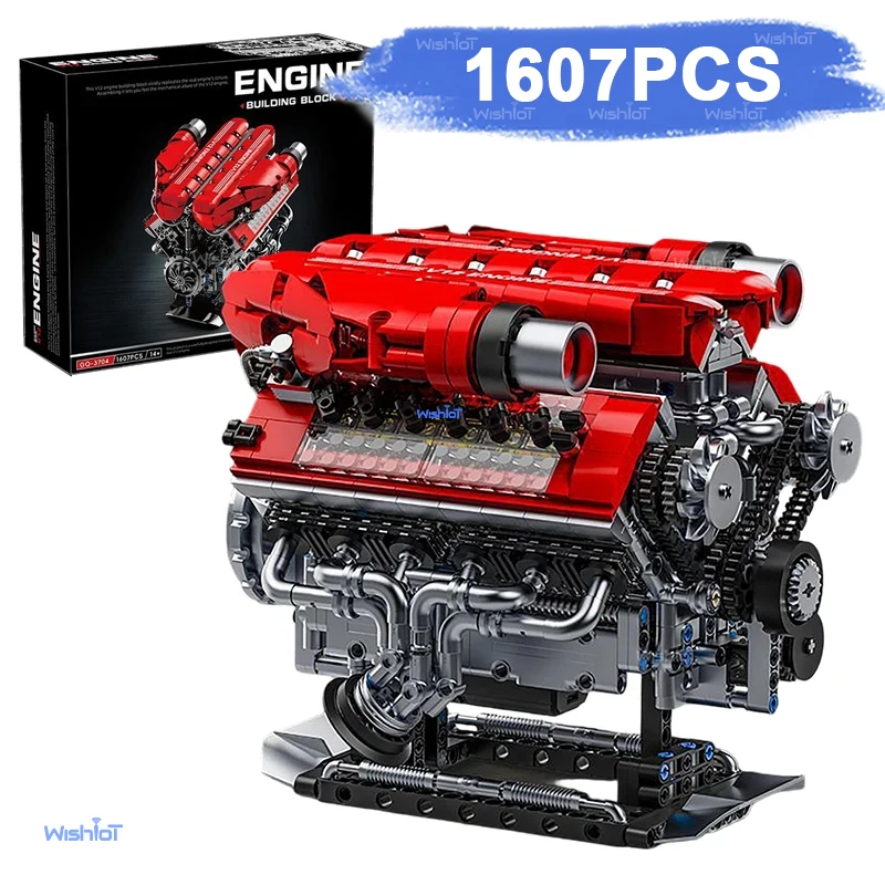 

GQ3704 Mechanical Simulated Piston Cylinder V12 Engine Model Racing Car Engine 1607PCS Building Blocks Boy Toy Ornament Gift