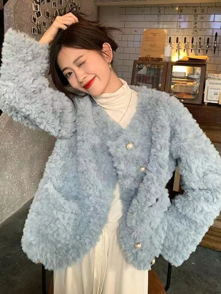Sweet Women Faux Lamb Coat Winter Long Sleeve Elegant Pearls Buttons Cute Jacket Warm Thick O Neck Female Pockets Kawaii Outwear