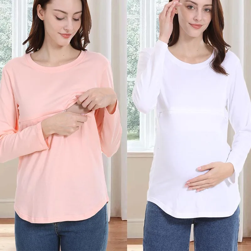 

Летняя хлопковая футболка для беременных, топы для кормящих мам, свободная одежда на молнии с длинными рукавами для беременных, футболка для беременных женщин
