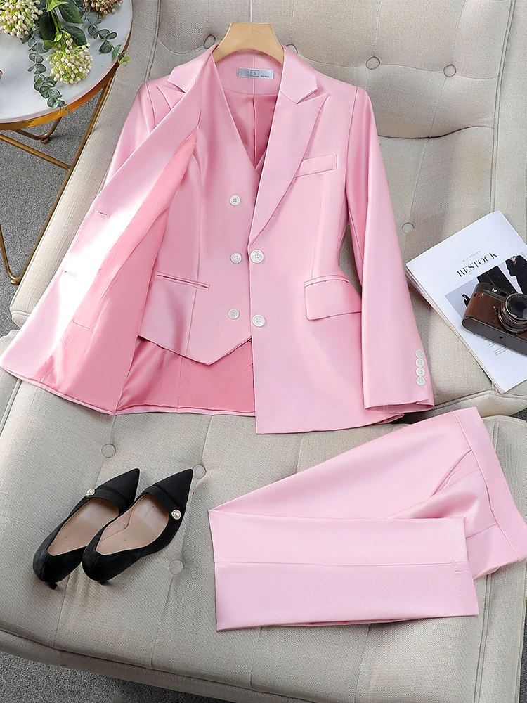 Autumn Women Vest Blazer and Pant Suit Pink Navy Orange Office Ladies Business Work Career Wear Formal 3 Pieces Set JJ1039