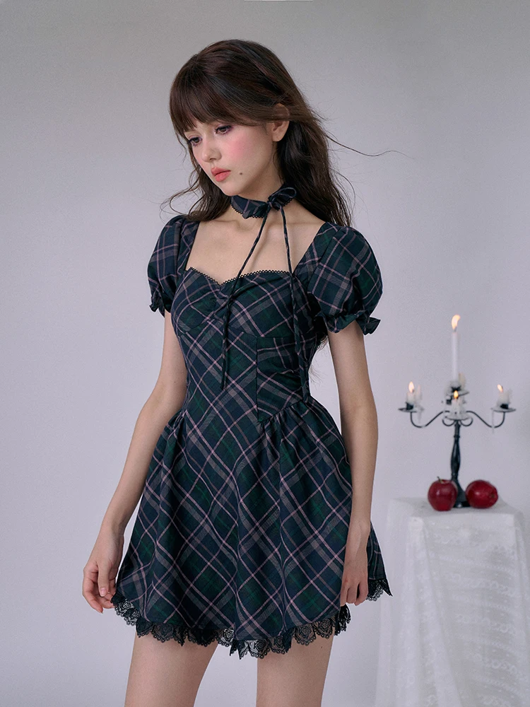 Japanese Style Sweet Cool Girl Plaid Lace-up Choker Square Collar Puff Sleeve High Waist A-line Lace Stitching Short Dress Women