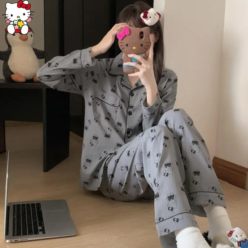 Hot Anime Hello Kitty Damen-Pyjama, neues Cartoon-Bild, Kawaii, süßer Stil, Komfort, verdickt, warm, Heimkleidung, Teenager zu Hause