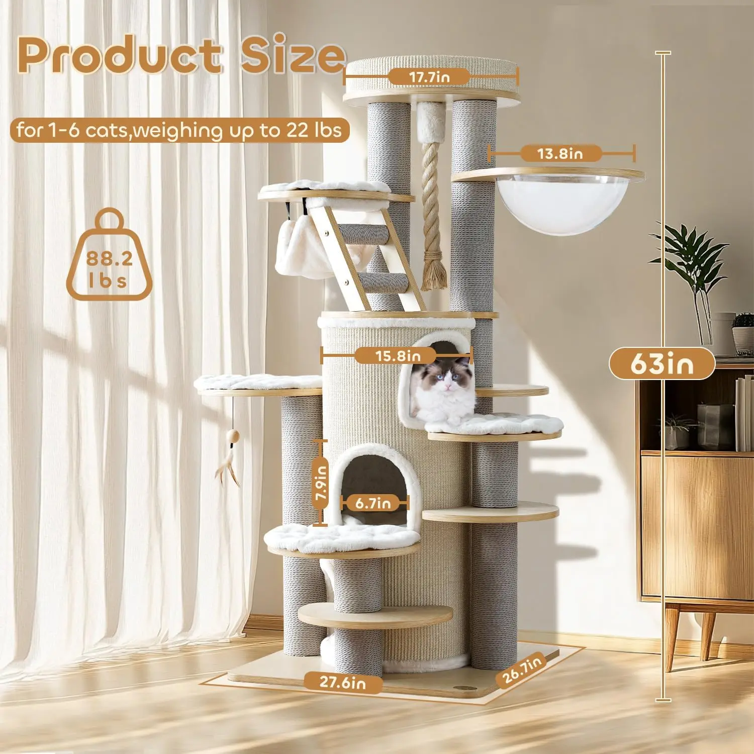 63'' Tall Cat Tree for Indoor Large Adults,Solid Wood Tower,Modern Condo with Scratching Post,Multi-Level House