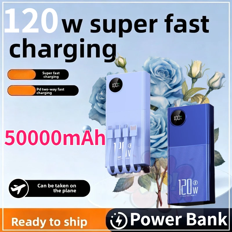 High Capacity Power Bank 50000mAh 30000mAh 20000mAh 120W Fast Charging 3C Certified Portable Battery with Built-in Cables