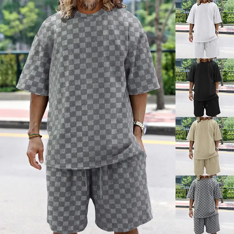 

Модный мужской комплект оверсайз с шахматным принтом: свободный спортивный повседневный костюм из двух предметов, летняя футболка с коротким рукавом и шорты