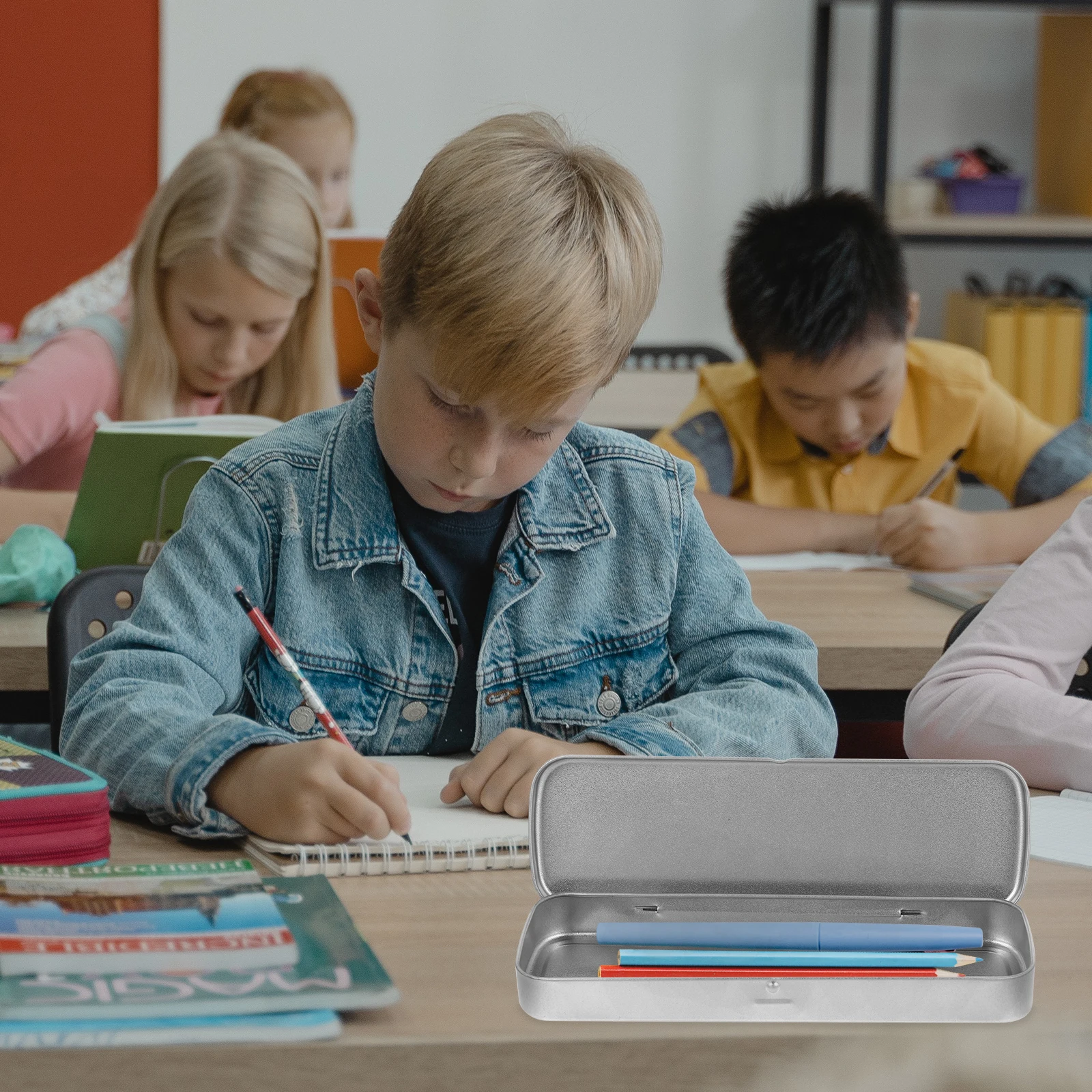 Tinplate Stationery Box Durable Practical Silver Curled Design Easy Use Gift Small Pencil Case Pen Storage Multi Functional