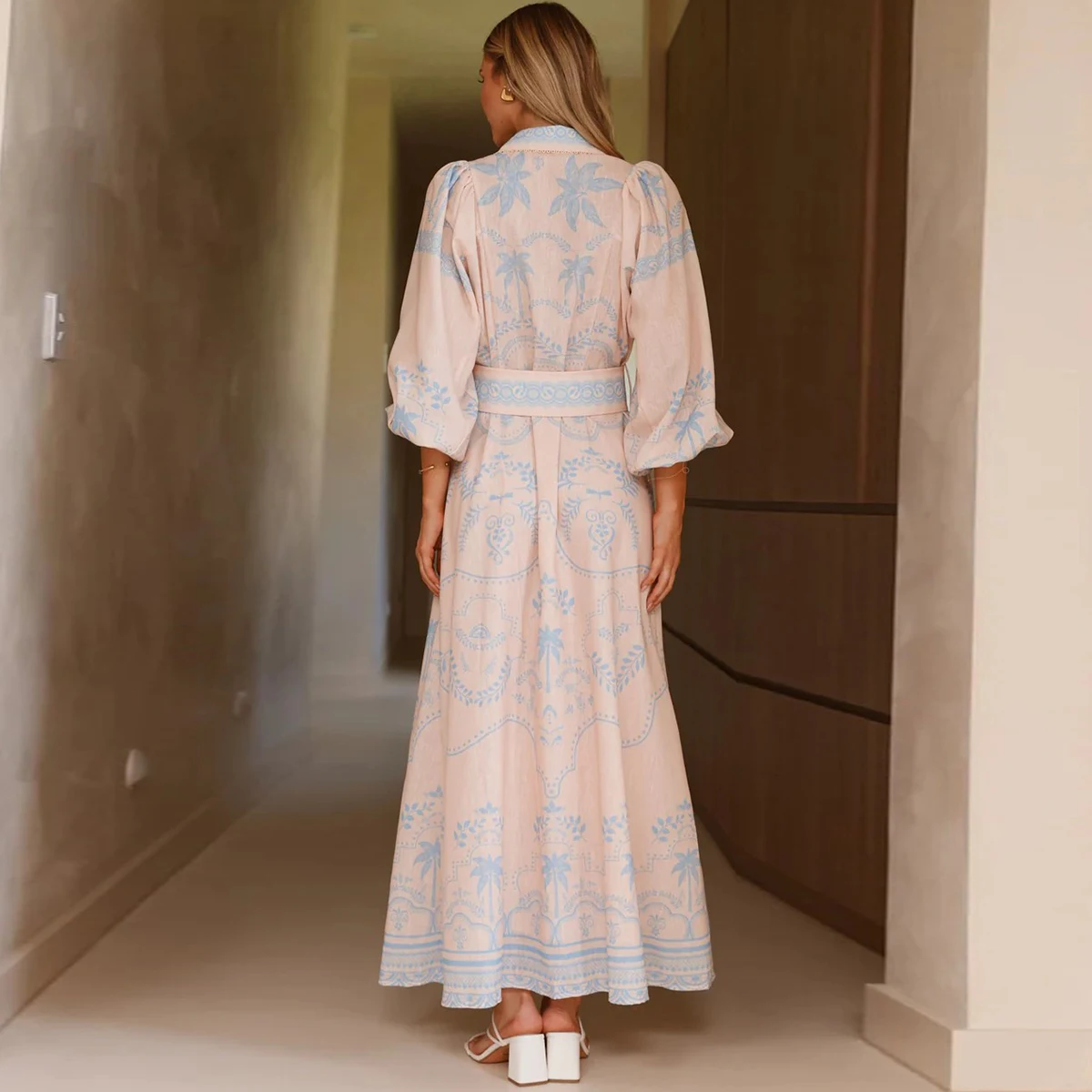 Frauen Hemd Kragen Vintage Floral Print Puff Sleeve Einreiher Frühling Sommer Lange A-linie Leinen Kleid