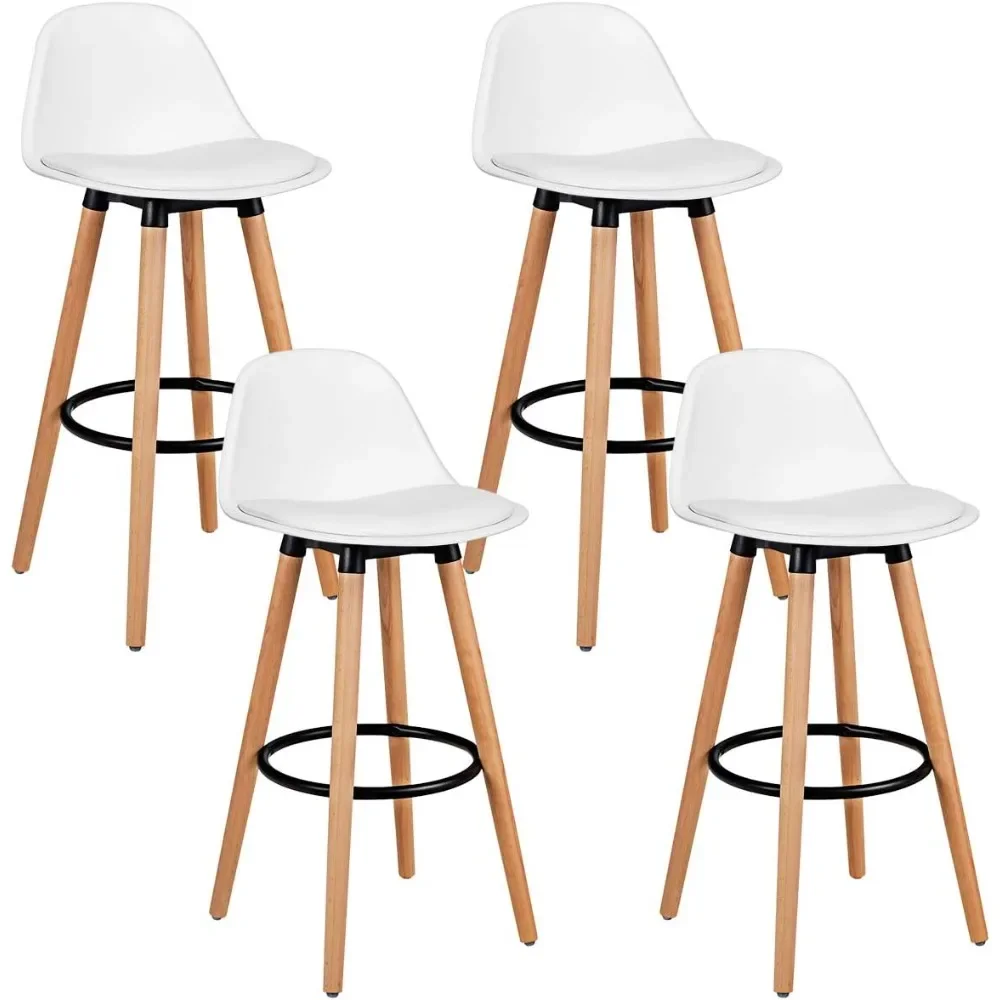 Bar Stools Set of 4, Modern Armless Kitchen Stool with Soft PU Leather Seat, Bar Height Stool with Round Metal Footrest (White)