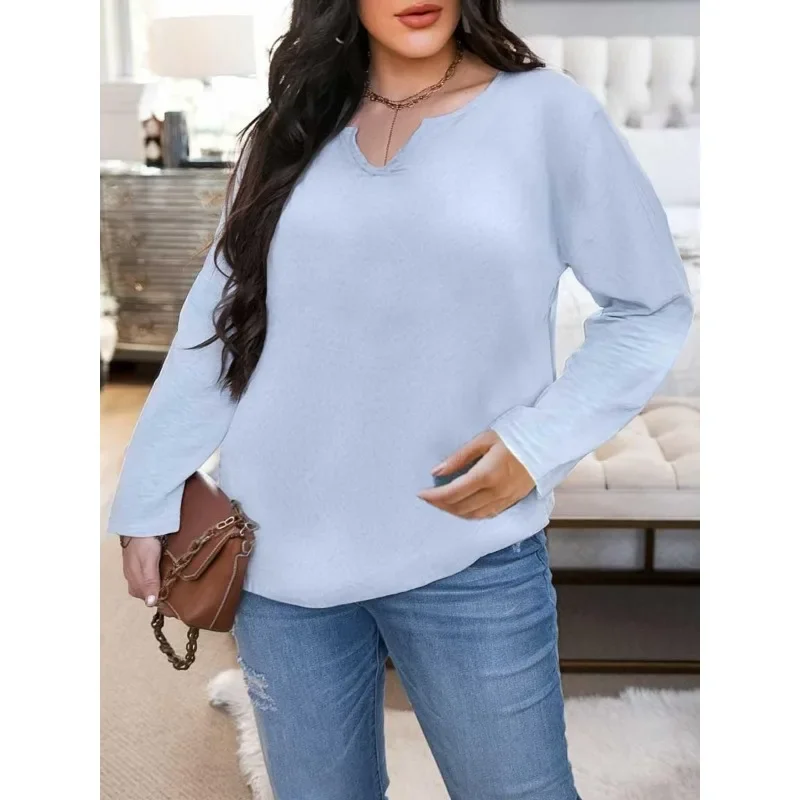 

Плюс размер 1XL-5XL, новая повседневная женская свободная однотонная футболка с длинными рукавами и v-образным вырезом, женский топ