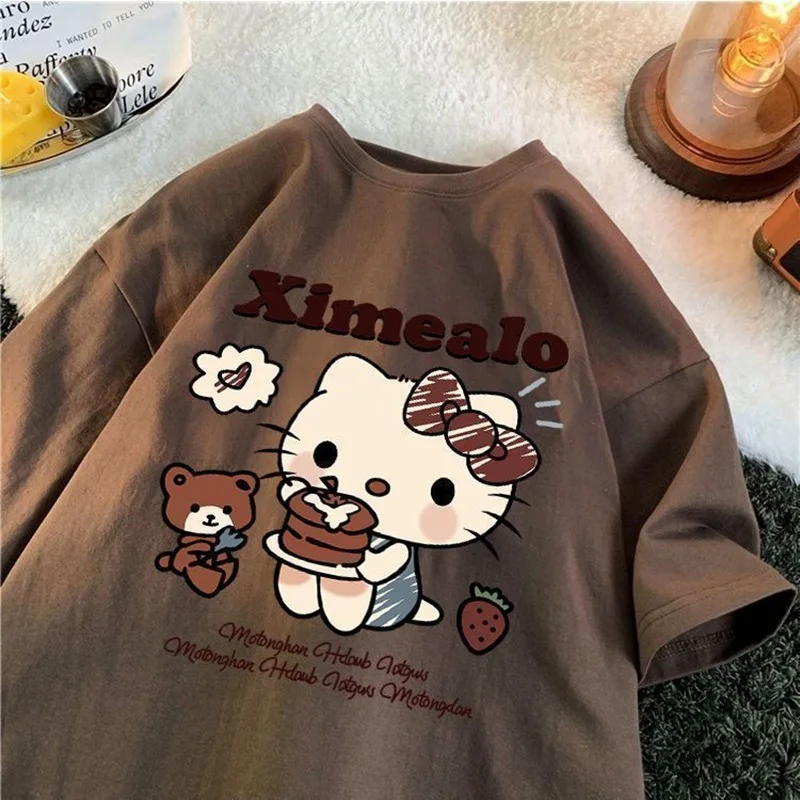 2024 Hello Kitty Sanrio T-shirt Kawaii Cartoon Print Cotton Tops O-neck Oversized Shirts Streetwear Splicing Top Women Clothing