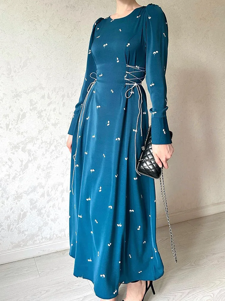 Vintage Floral Print Dress Women Elegant Fashion Abayas Muslim Long Dresses Female Autumn Chic Long Sleeve Lace Up Slim Vestidos