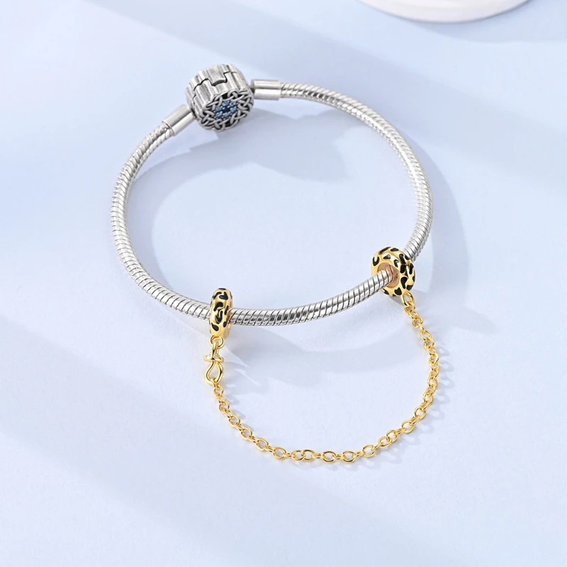 

Classic Gold Safety Chain Inlaid 925 Sterling Silver Zirconium Leopard Print Charms Bead Fit Original Bracelet DIY Jewelry